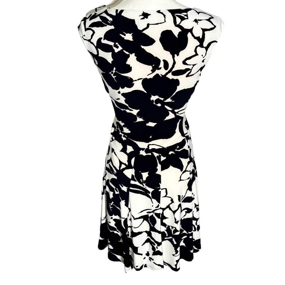 Lauren Ralph Lauren Floral Dress Womens 0P‎ Black White Ruched Petite Career View 2